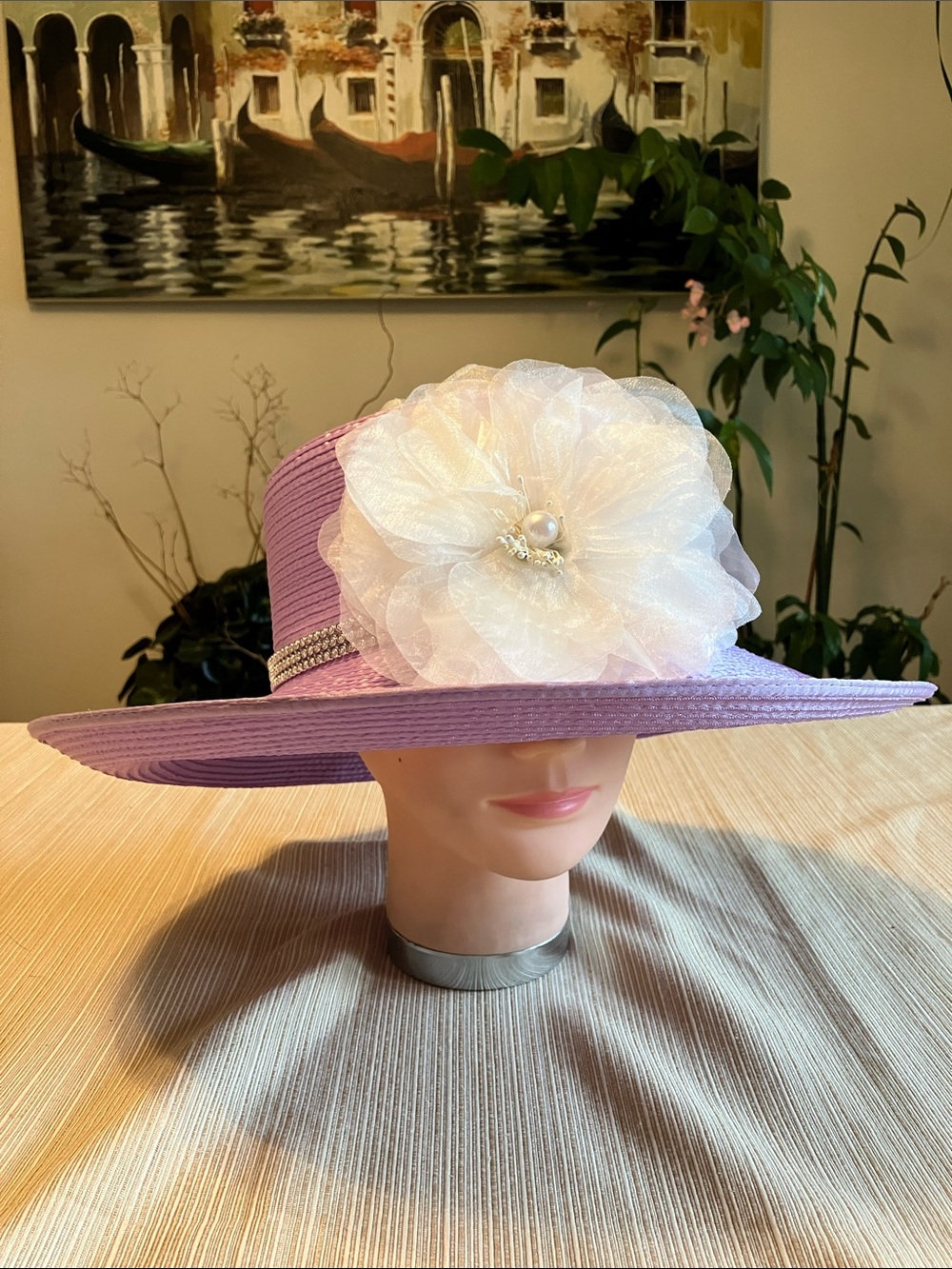 Chic Lavender Satin Ribbon Hat With White Floral Accent and Rhinestone Band